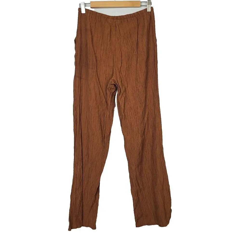 Zara Pants S Brown Crinkle Pull-On Straight‎ Leg Lightweight High-Rise Bottoms